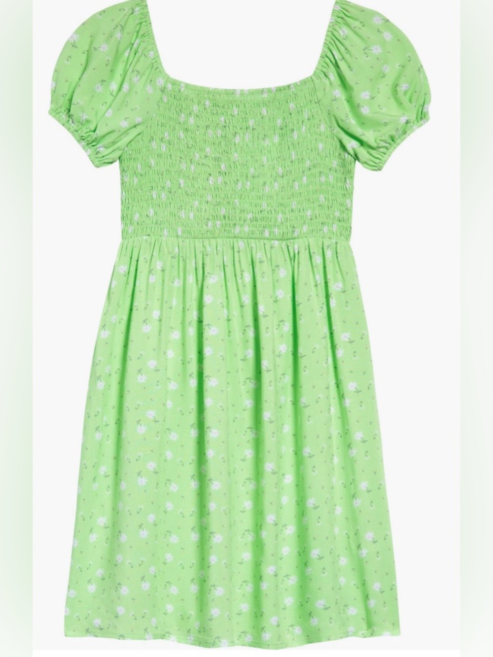 Girls Green Smocked Puff Sleeve Floral Midi Dress